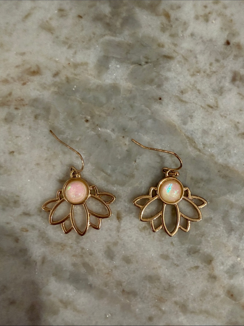 Gold Lotus Dangle Earrings with Pink Opal Center